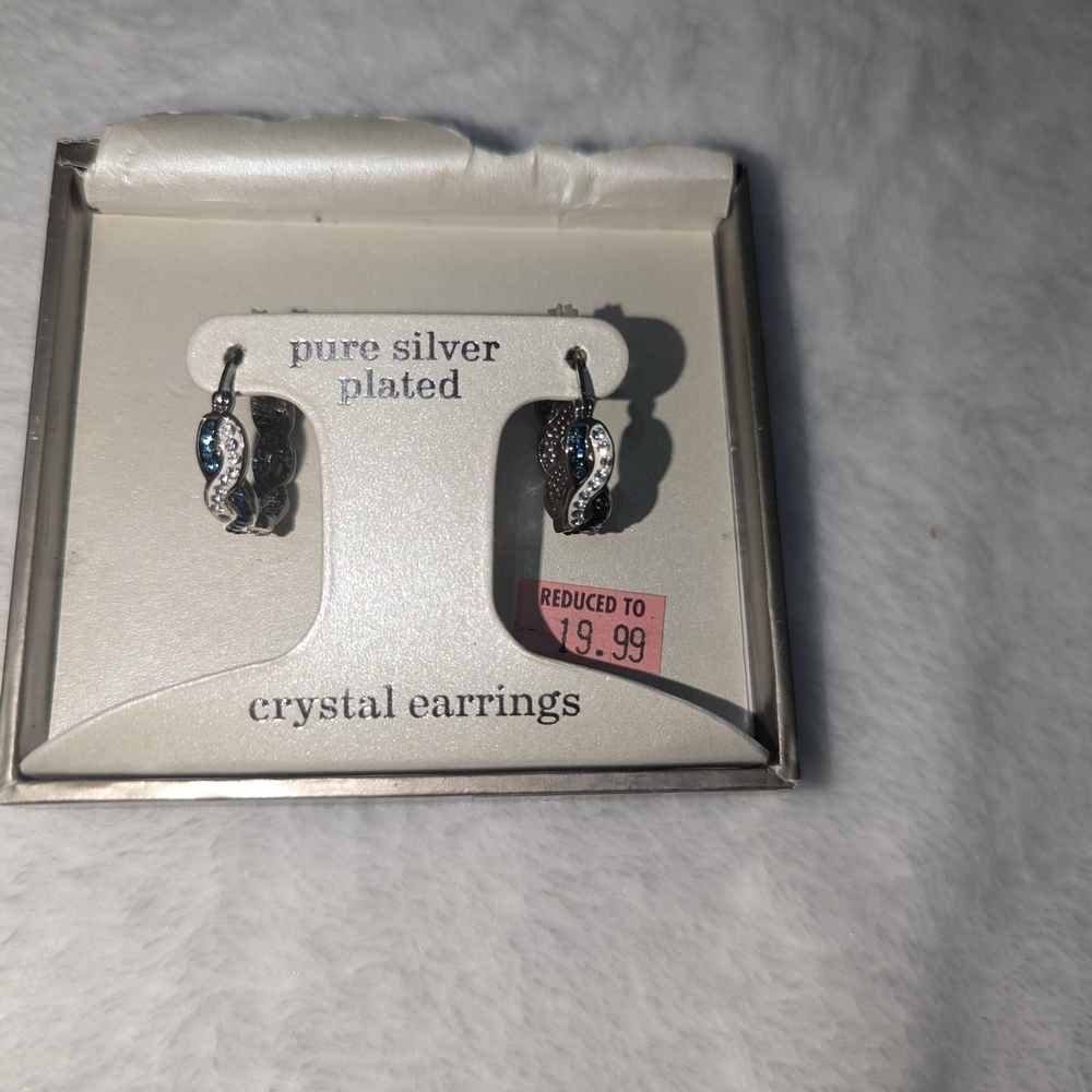 Pure Silver Plated Crystal Earrings - Silver and Blue
